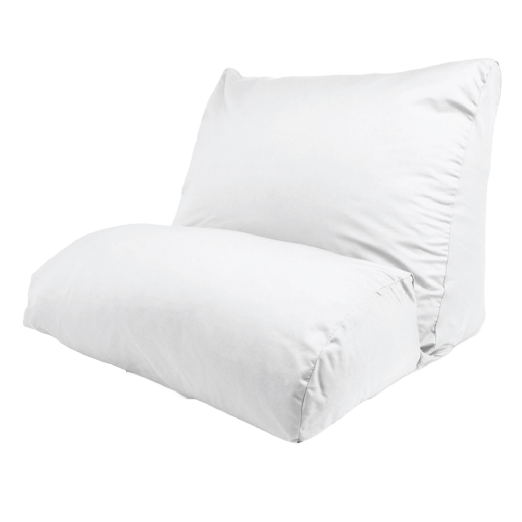 A plush white pillow wedge on a white background.